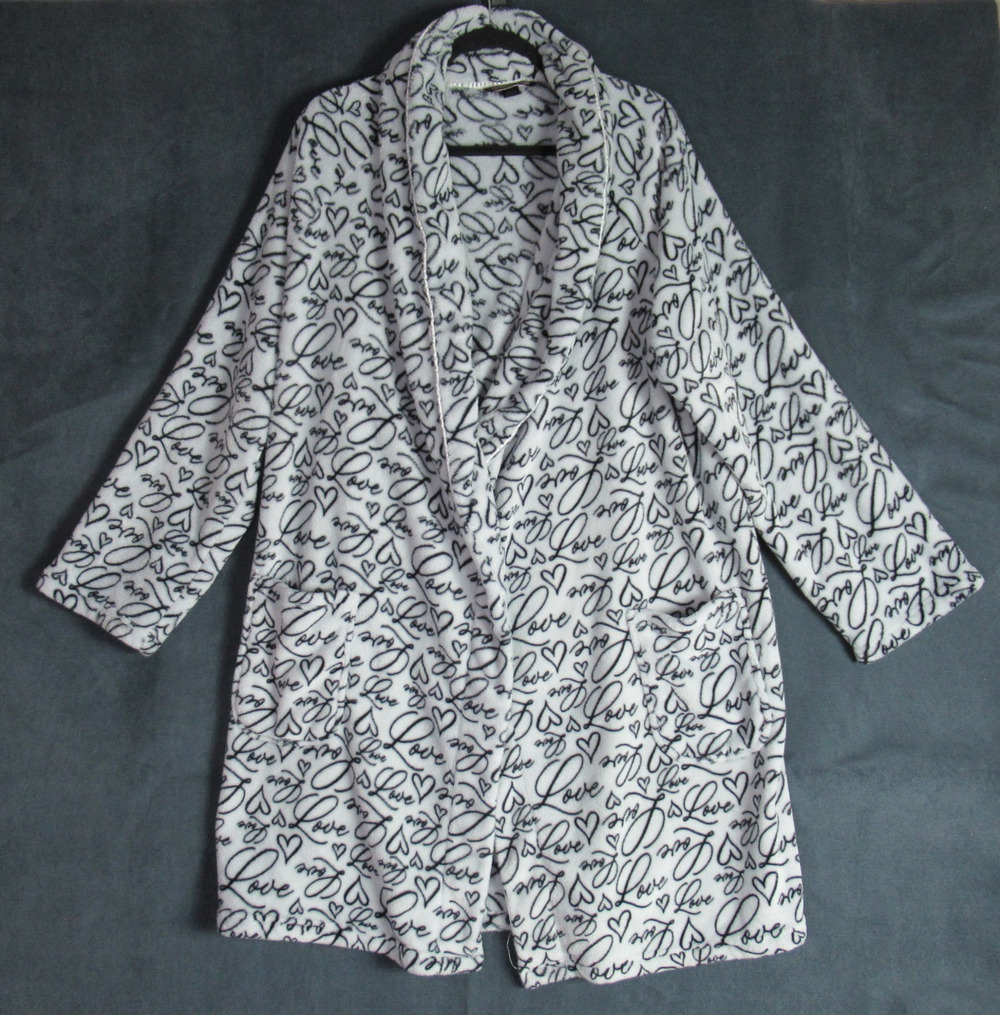 Victorias Secret Cozy Short Plush Bath Robe Black & White Love Print XL XXL